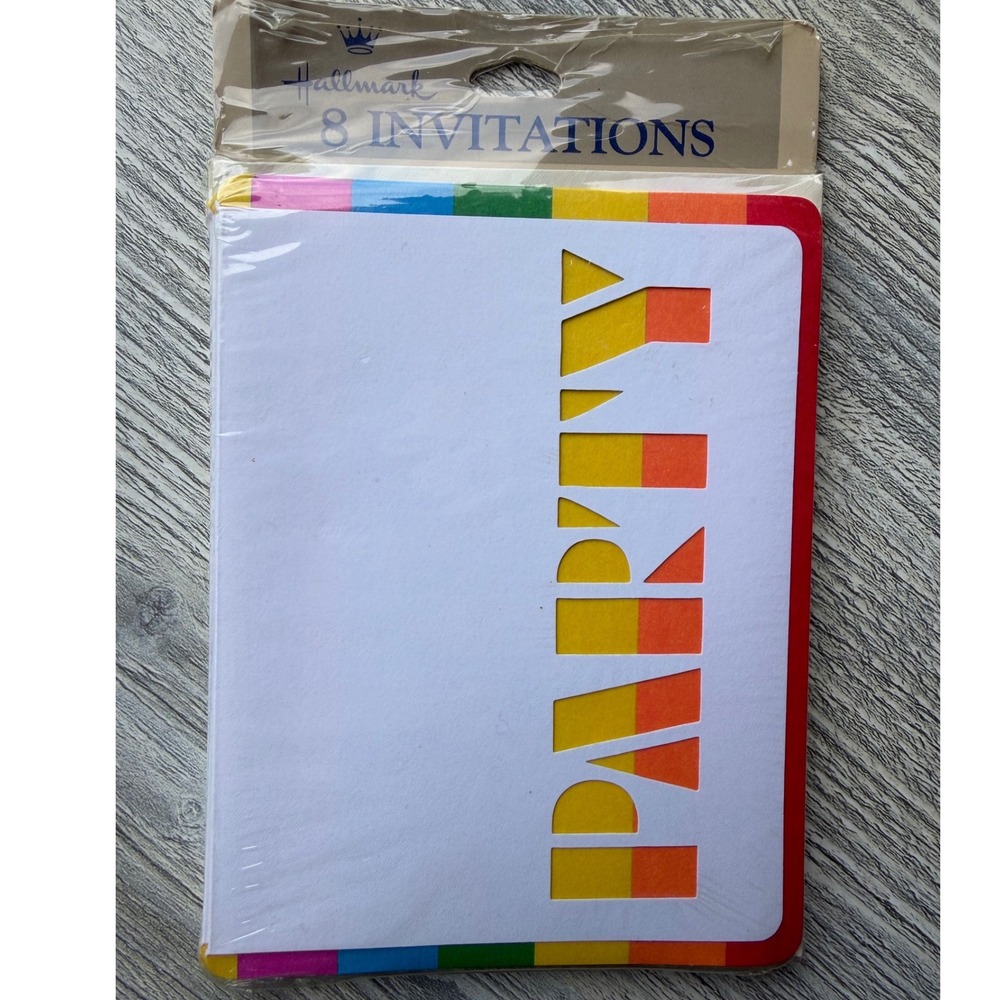 NOS Vintage Hallmark Rainbow Party Invitations 8 Pack Die-Cut Retro 70s 80s